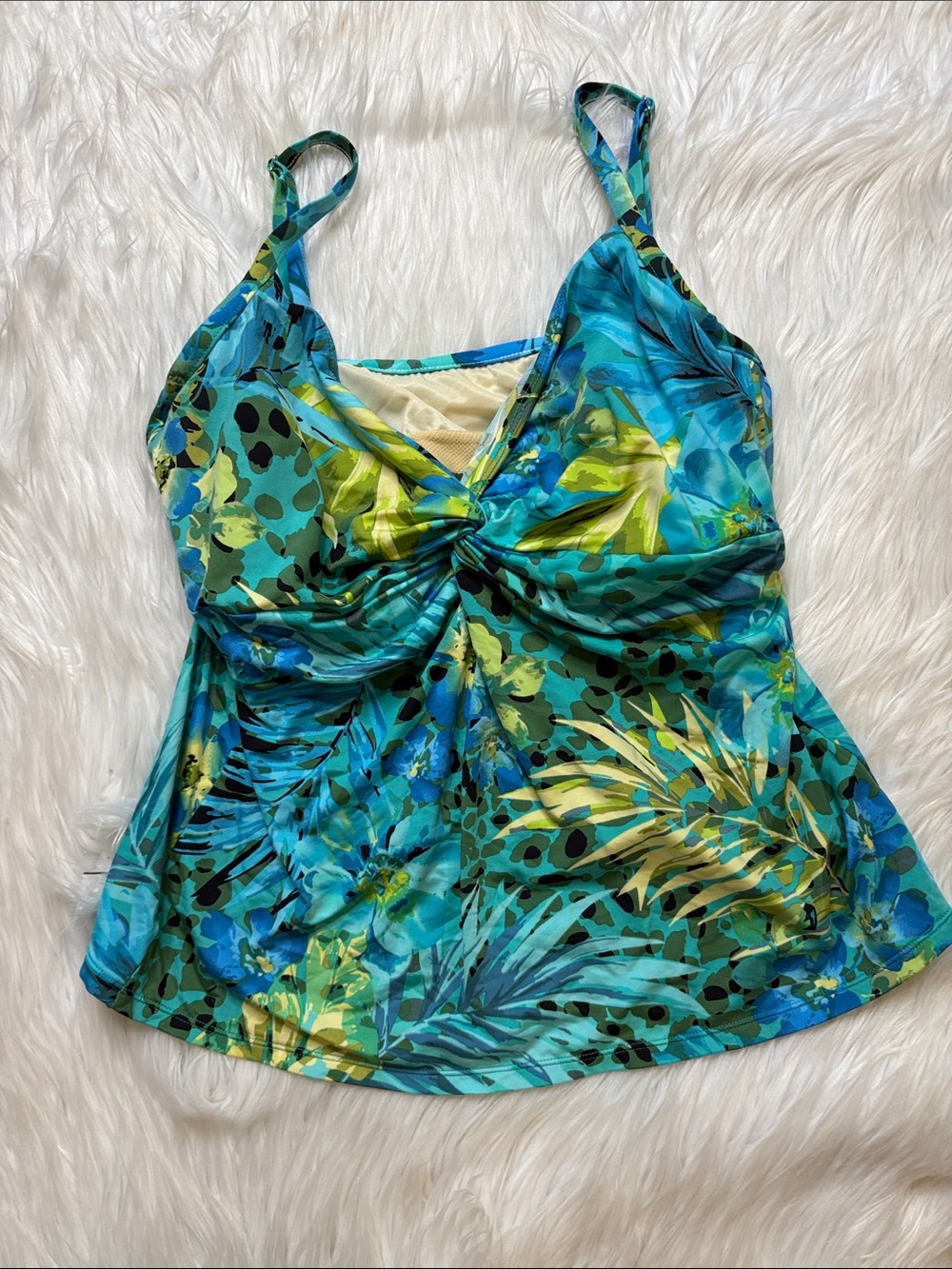 Miraclesuit Blue & Green Tropical Twist Front Swim tankini top, Size 16DD